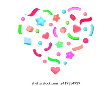 3D Render Party Confetti set. Symbol of fun, celebration, surprise. Vector illustration