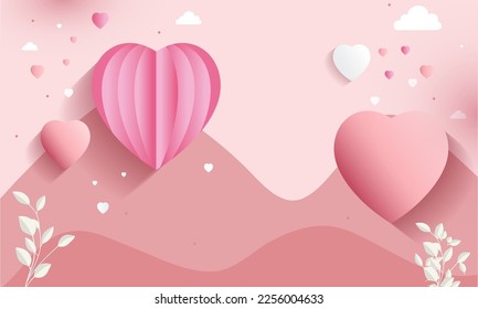 3D Render of Pastel Pink Paper Cut Heart Shapes With Clouds, Mountain Landscape, Love Or Valentine Concept.
