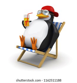 3d render of a penguin in deckchair with a cold drink