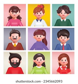 3d render people avatar collection. Set of stickers with cartoon character faces. 3d vector people character illustration. Cartoon minimal style.