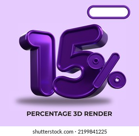 3D Porcentaje de representación 15% para el progreso del proceso de descuento color púrpura