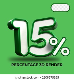 3D Render percentage number 15% for discount process progress Green and White colors