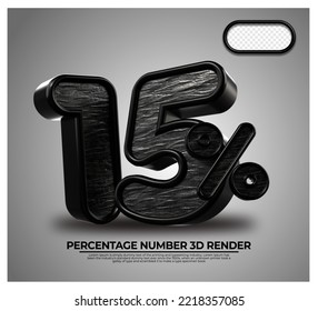 3D Render percentage number 15% for discount process progress black Metalic color