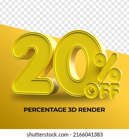 3D Render Percentage number 20% yellow color for sale discount, sale product, transparent, PNG