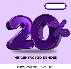 3D Render percentage number 20% for discount process progress purple color