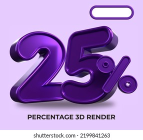 3D-Render-Prozentzahl 25% für den Fortschritt des Discount-Prozesses violette Farbe