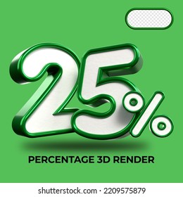 3D Porcentaje de representación 25% para el progreso del proceso de descuento Colores verdes y blancos