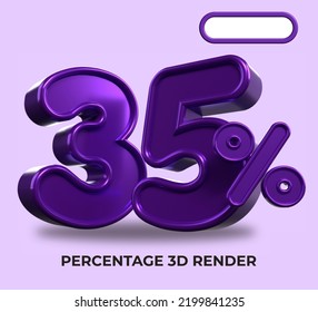 3D Render percentage number 35% for discount process progress purple color