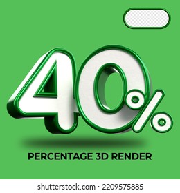 3D Render percentage number 40% for discount process progress Green and White colors