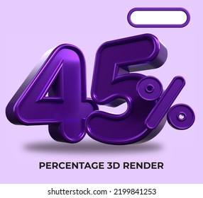 3D Render percentage number 45% for discount process progress purple color