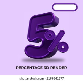 3D Render percentage number 5% for discount process progress purple color