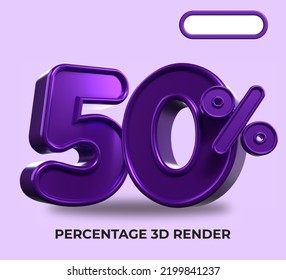 3D Porcentaje de representación 50% para el progreso del proceso de descuento color púrpura