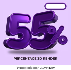 3D-Render-prozentuale Zahl 55% für den Fortschritt des Discount-Prozesses violette Farbe