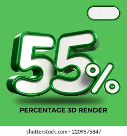 3D Render percentage number 55% for discount process progress Green and White colors