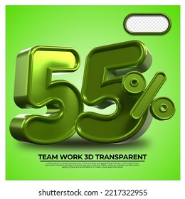 3D-Render-prozentuale Zahl 55% für Discount-Prozess Fortschritt Green Metalic Farbe
