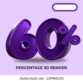 3D Render percentage number 60% for discount process progress purple color