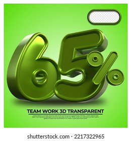 3D Render percentage number 65% for discount process progress Green Metalic color