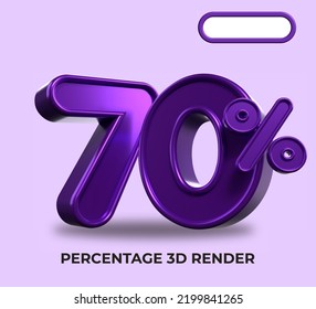 3D Porcentaje de representación 70% para el progreso del proceso de descuento color púrpura