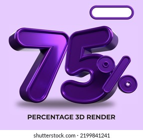 3D Render percentage number 75% for discount process progress purple color