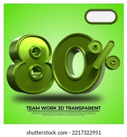 3D Render percentage number 80% for discount process progress Green Metalic color