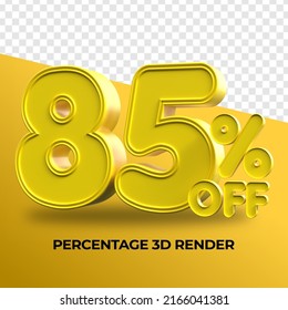 3D Render Percentage number 85% yellow color for sale discount, sale product, transparent, PNG