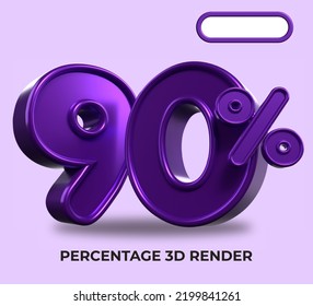 3D Porcentaje de representación 90% para el progreso del proceso de descuento color púrpura