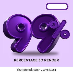 3D Porcentaje de representación 99% para el progreso del proceso de descuento color púrpura