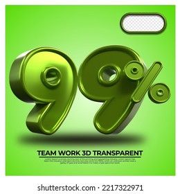 3D Render percentage number 99% for discount process progress Green Metalic color