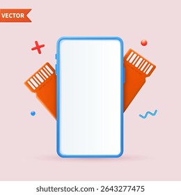 3D render phone with a white screen and coupons . Voucher card cash back template mockup. Vector illustration