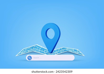 3d render pin pointer and Map location search GPS, travel navigation concept and or internet search bar technology. Paper map, banner, website. Vector illustration