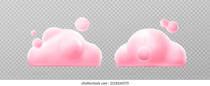 3d render pink clouds, fluffy spindrift or cumulus eddies. Flying weather and nature design elements balloons isolated on transparent background, illustration in cartoon plastic style. 3D Illustration