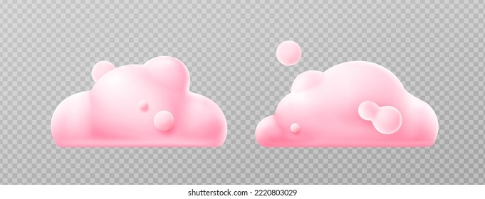 3d render pink clouds, fluffy spindrift or cumulus eddies. Flying weather and nature design elements balloons isolated on transparent background, illustration in cartoon plastic style. 3D Illustration