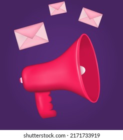 3d render of a pink color megaphone with envelopes. Speaker. Vector stock illustration. Lilac background. Business and finance.