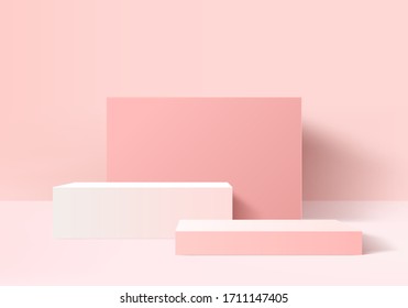 3D Render Pink Love Valentine Abstract Background Product. Bright Pink Pastel Podium 3d Pedestal Display. Product Minimal Render Display Concept. Stage Cosmetic Product Mockup On Pink Product Display