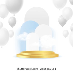 3d render of podium with balloons and confetti on  background
