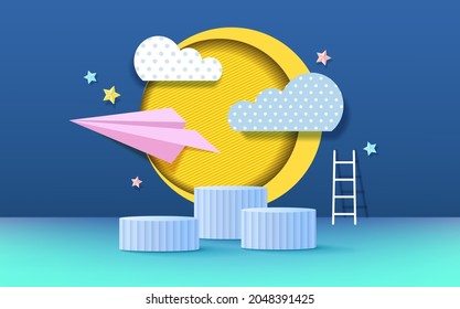 3d render podium with space concept background for kids or baby product display.

