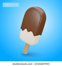 3D render of popsicle on a stick with chocolate icing and sprinkling. Fast food, sweet, summer dessert. Bright Illustration in cartoon, plastic, clay 3D style. Isolated on a white background.
