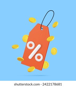 3D render price tag with percentage sign with floating coins. Shopping Discount offer icon, symbol. Price tag, gift tag, For profitable purchases. Vector illustration