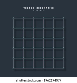 3d render primitive. Abstract atom array grid from 3d sphere, tube. Glossy holographic geometric shapes isolated on dark background. Iridescent trendy design, thin film effect. Vector.