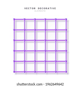 3d render primitive. Abstract atom array grid from 3d sphere, tube. Glossy violet geometric shapes isolated on white background. Iridescent trendy design, thin film effect. Vector.