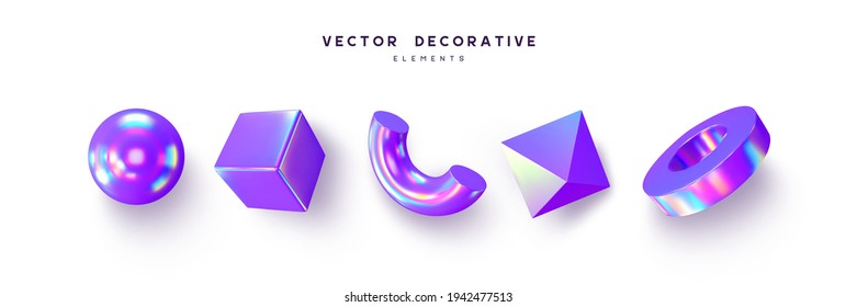 3d render primitive shape set . Realistic 3d sphere, torus, cube, tube. Glossy holographic geometric shapes isolated on white background. Iridescent trendy design, thin film effect. Vector.