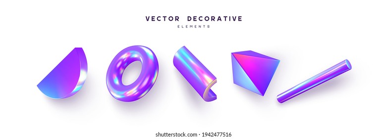 3d render primitive shapes. Realistic 3d torus, cone, tube. Glossy holographic geometric shapes isolated on white background. Iridescent trendy design, thin film effect. Vector.