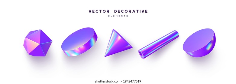 3d render primitive shapes. Realistic 3d sphere, cone, tube. Glossy holographic geometric shapes isolated on white background. Iridescent trendy design, thin film effect. Vector.