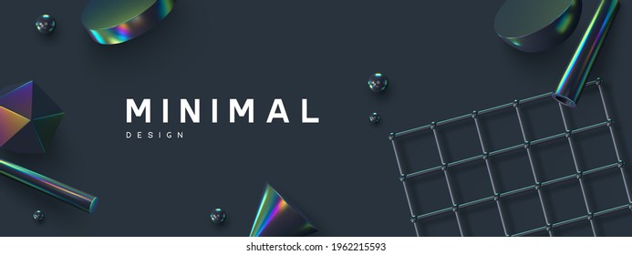 3d render primitives abstract background. Realistic 3d sphere, atom array grid, cone, tube. Glossy holographic geometric shapes. Iridescent trendy design, thin film effect. Vector.