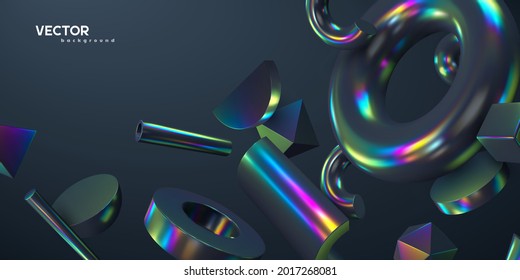 3d render primitives abstract background. Realistic 3d sphere, torus, cone, cube, tube. Glossy holographic geometric shapes. Iridescent trendy design, thin film effect. Vector.