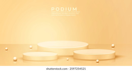 3D render product podium design template in light brown color. Realistic product mockup design vector with empty podium and pedestal. Studio background design vector