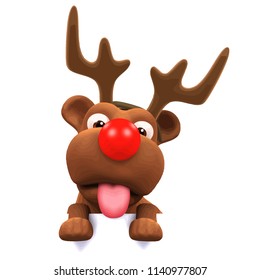 3d render of a puppy dog wearing reindeer antlers and a red nose