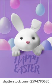 3d render rabbit and background eggs poster. Three-dimensional vector illustration on Easter. Happy spring holiday decoration for celebration. Greeting banner template, religion design hunt invitation