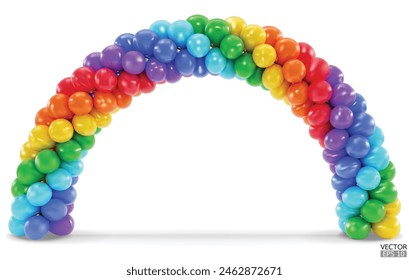 3D render rainbow balloon arch entrance. Rainbow Balloons in the Shape of Arc, Gate, or Portal isolate on a white background. 3d vector illustration.