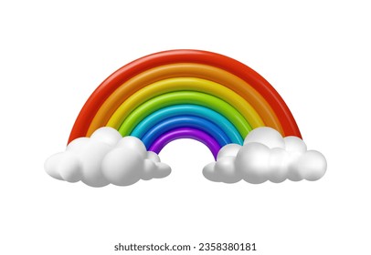 3d render Rainbow with clouds. Vector illustration of colorful arc in plastic style. Realistic weather bright symbol in the sky after rain. Decoration spectrum plasticine element.